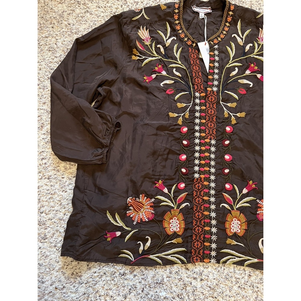 NWT Johnny Was %100 Silk XL Brown Embroidered Elastic Sleeves Tunic Blouse $305 - Picture 2 of 9